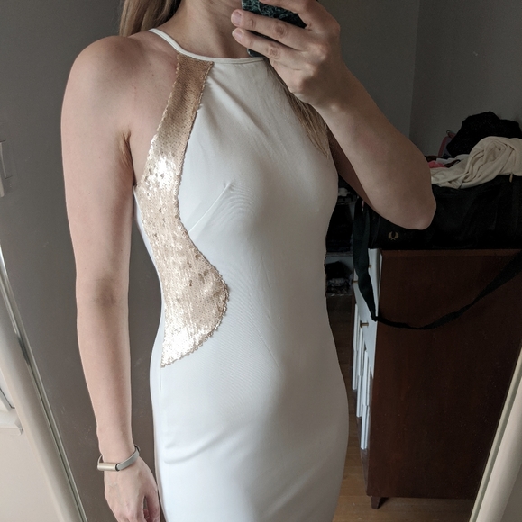 White Midi Dress Gold Sequin Detail - Picture 4 of 8